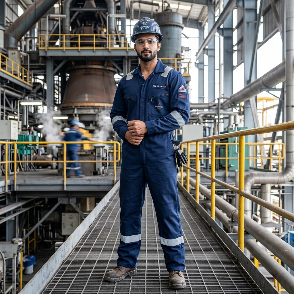 Indian worker in Flame Resistant Coverall Suit